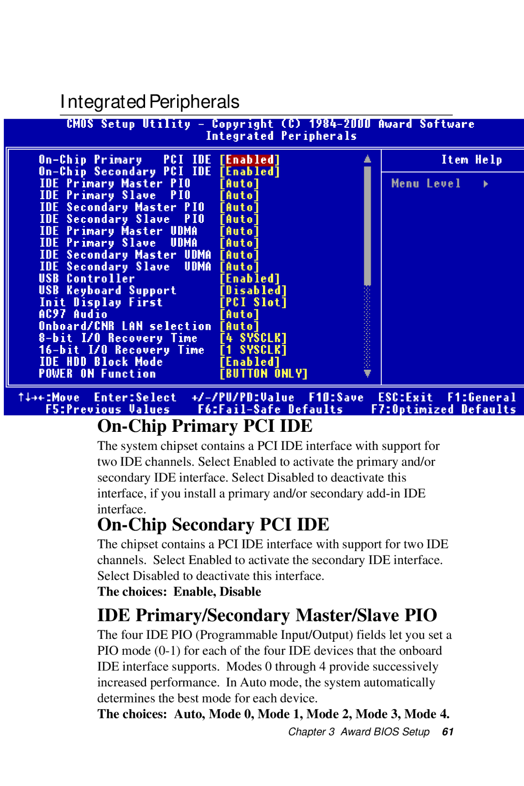 Intel SBC-776 manual IntegratedPeripherals, On-Chip Primary PCI IDE, On-Chip Secondary PCI IDE 