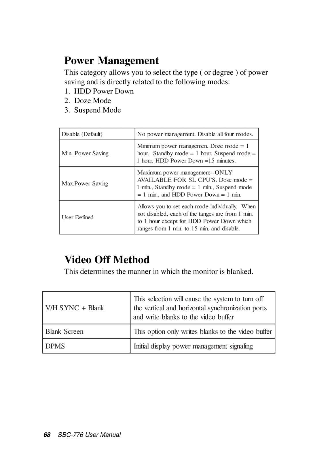 Intel SBC-776 manual Power Management, Video Off Method 