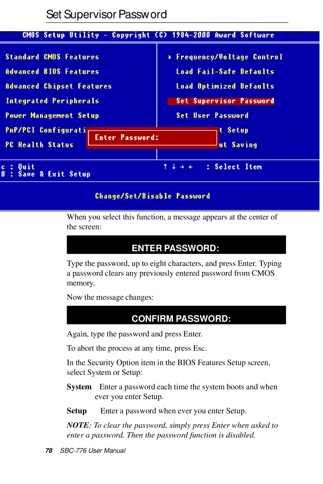 Intel SBC-776 manual SetSupervisorPassword, Enter Password 