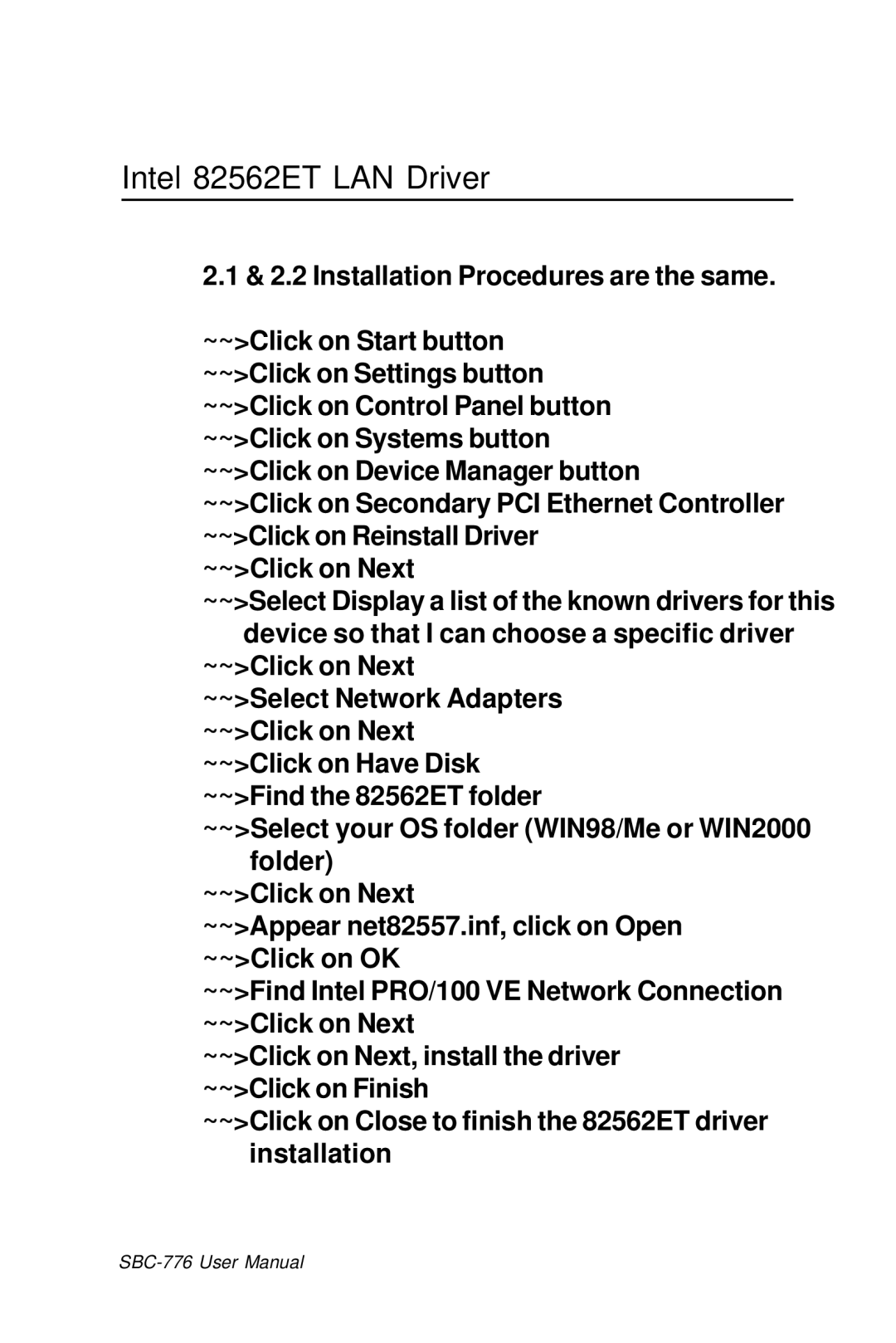 Intel SBC-776 manual Intel 82562ET LAN Driver 