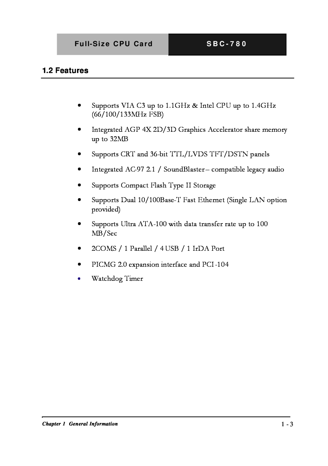Intel SBC-780 manual 1.2Features 