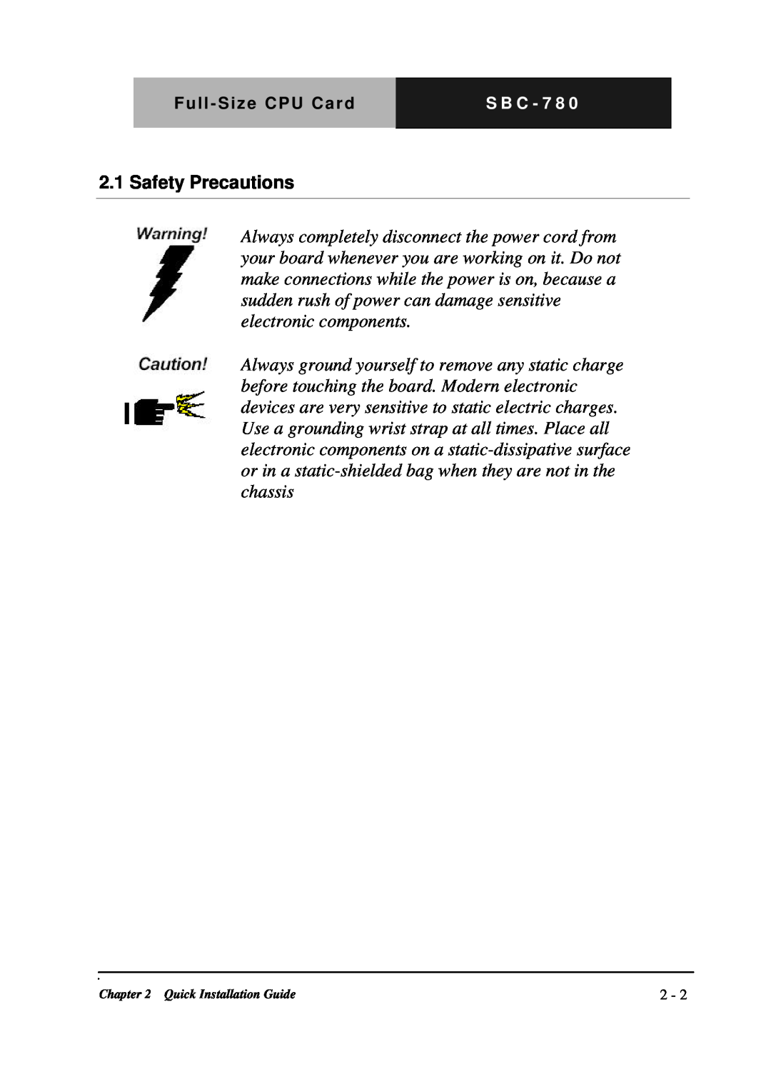 Intel SBC-780 manual Safety Precautions 