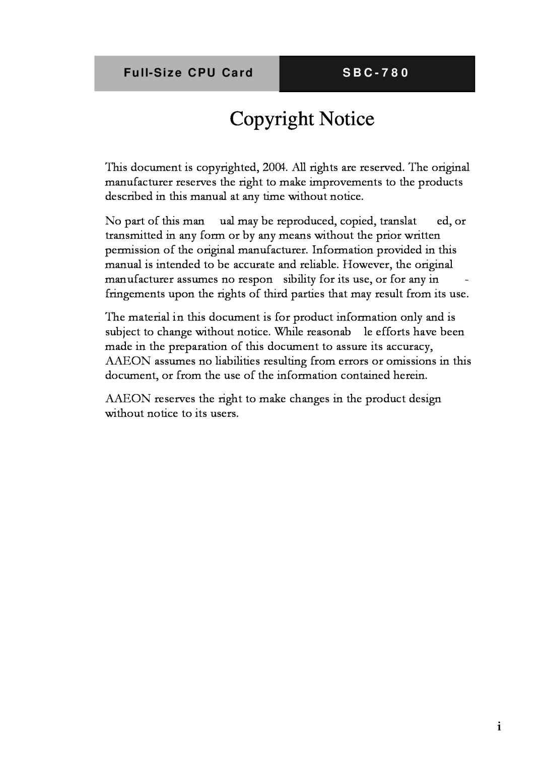 Intel SBC-780 manual Copyright Notice 
