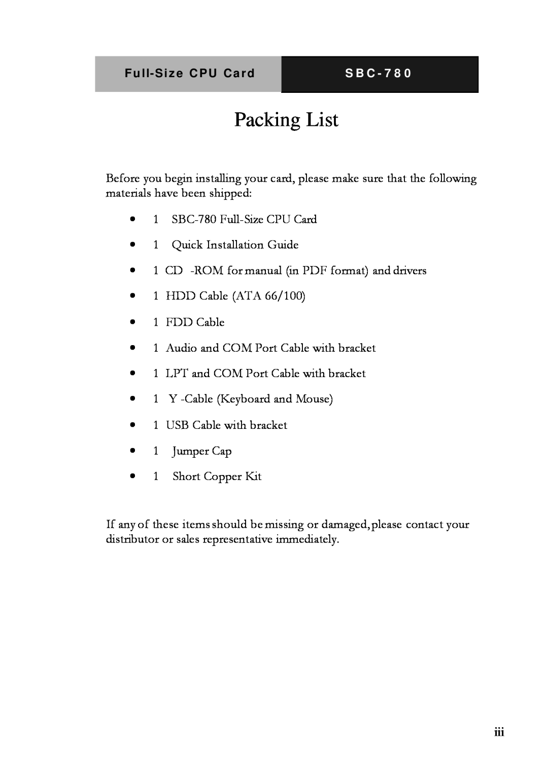 Intel SBC-780 manual Packing List 