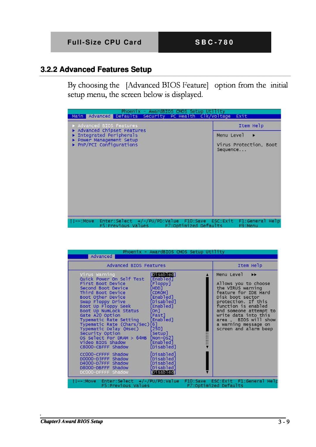 Intel SBC-780 manual Advanced Features Setup, S B C - 7 8, Award BIOS Setup 