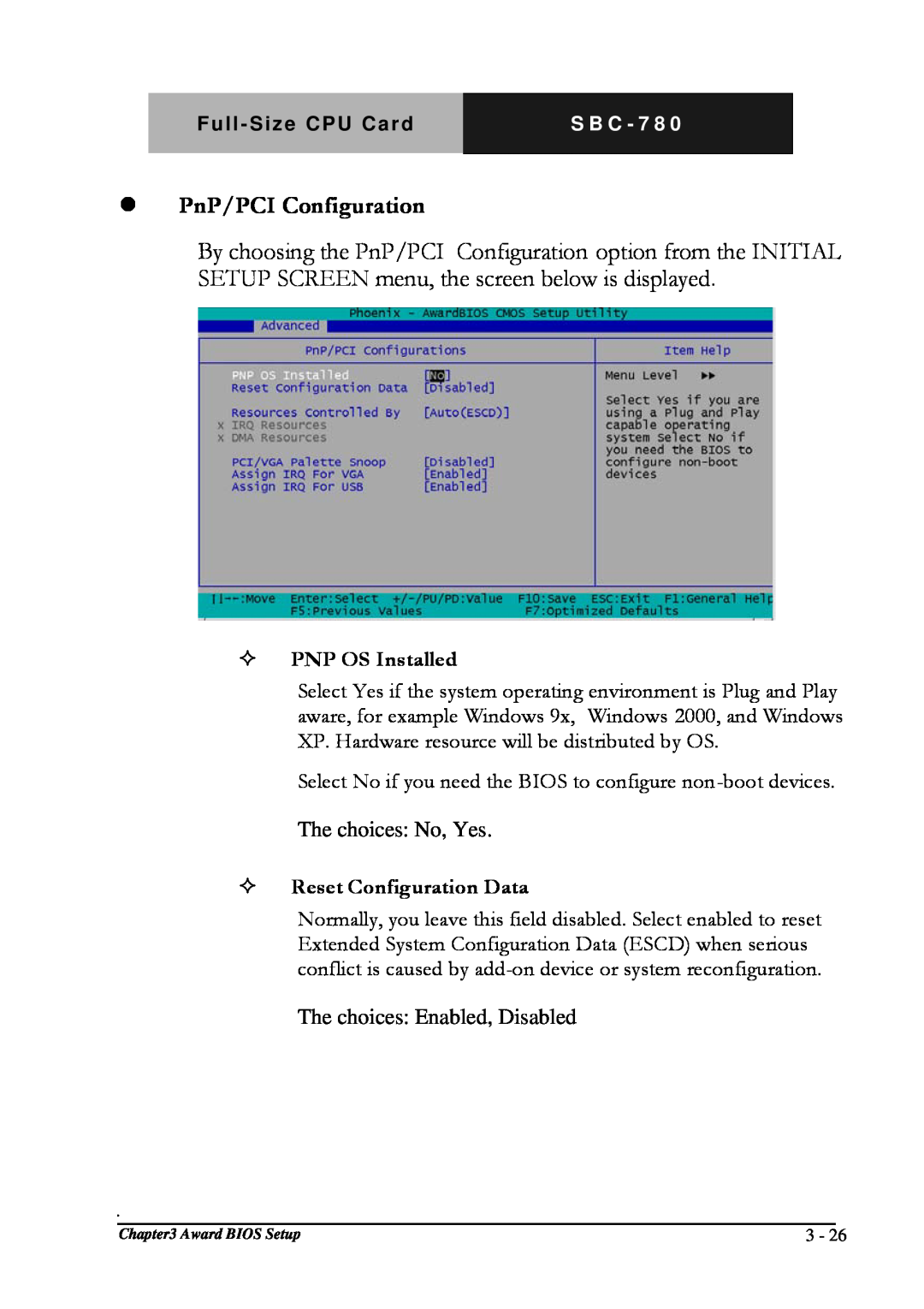 Intel SBC-780 manual PnP/PCI Configuration, PNP OS Installed, Reset Configuration Data 
