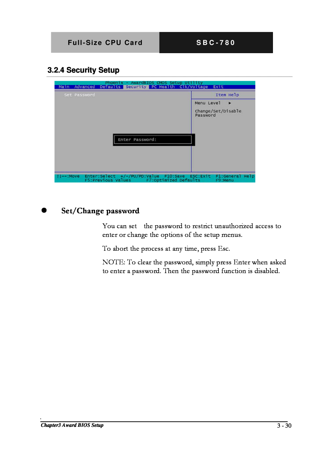 Intel SBC-780 manual Set/Change password, Security Setup 
