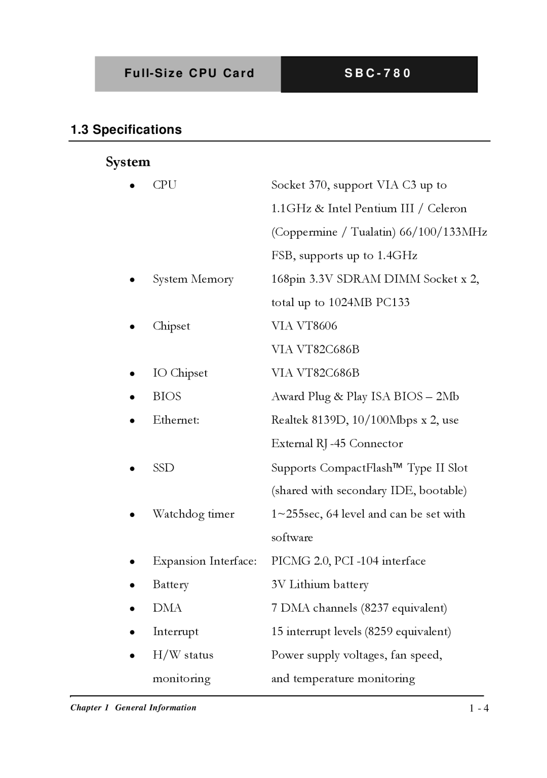 Intel SBC-780 manual System, Specifications 