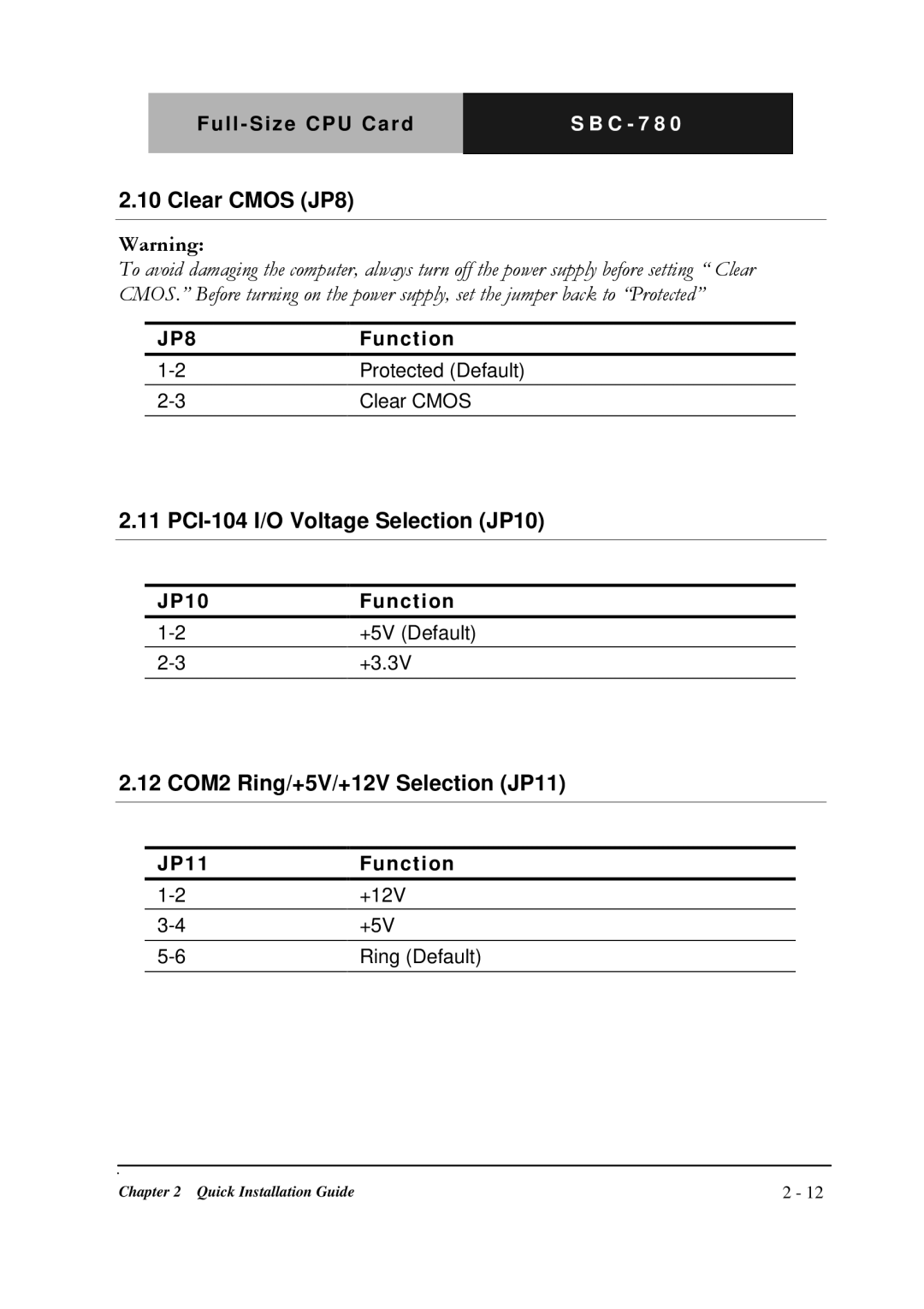 Intel SBC-780 manual Clear Cmos JP8, PCI-104 I/O Voltage Selection JP10, 12 COM2 Ring/+5V/+12V Selection JP11 