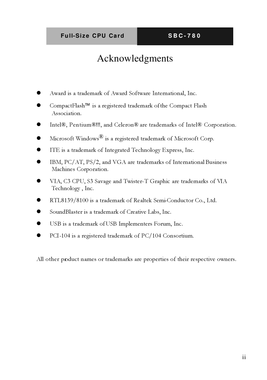 Intel SBC-780 manual Acknowledgments 