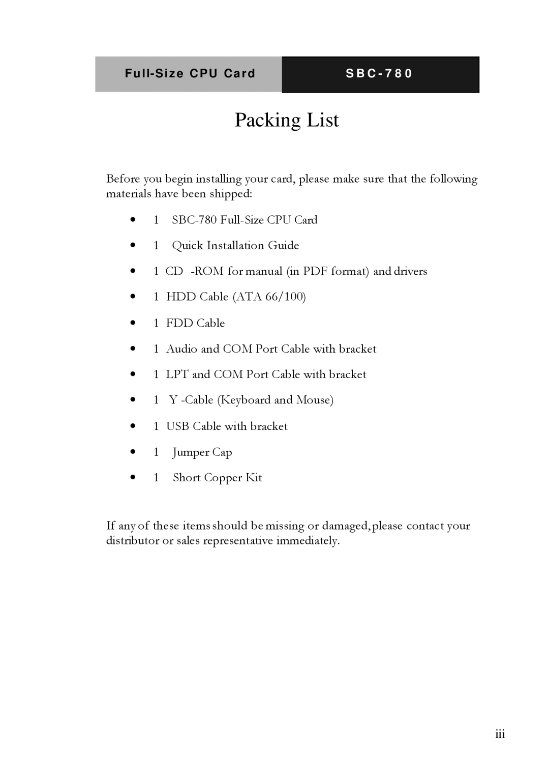 Intel SBC-780 manual Packing List 