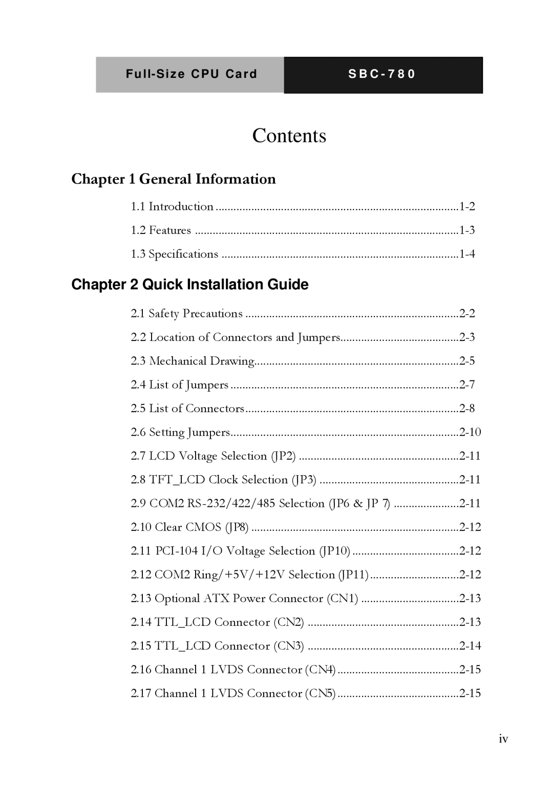 Intel SBC-780 manual Contents 