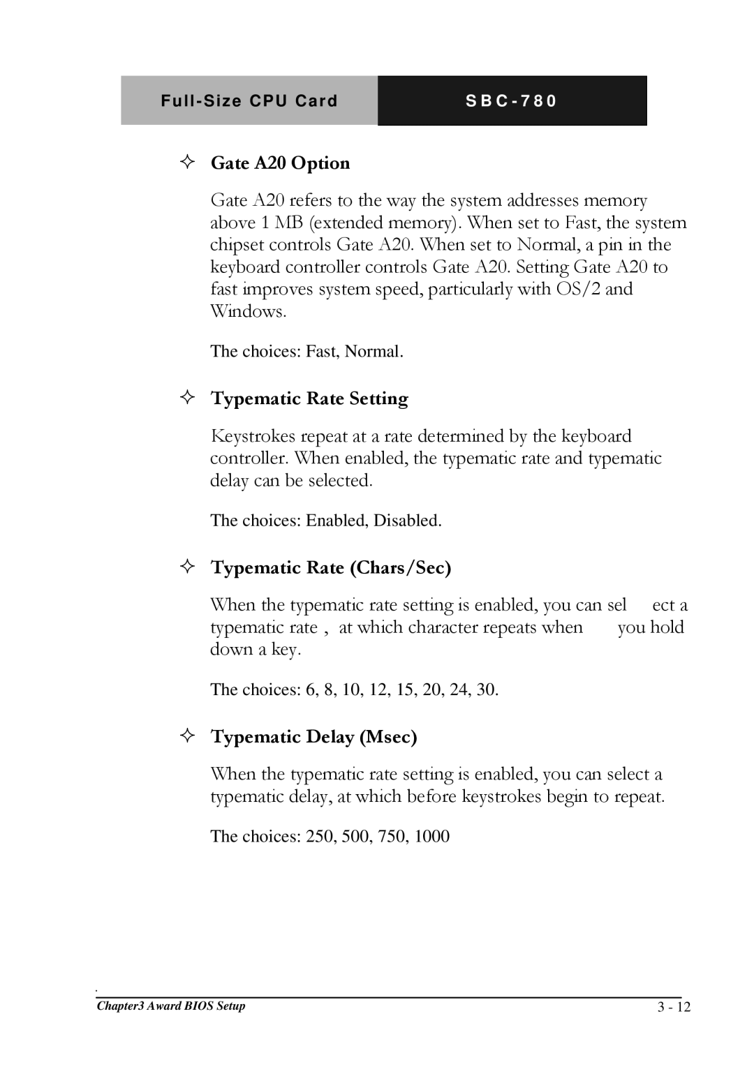 Intel SBC-780 manual  Gate A20 Option,  Typematic Rate Setting,  Typematic Rate Chars/Sec,  Typematic Delay Msec 