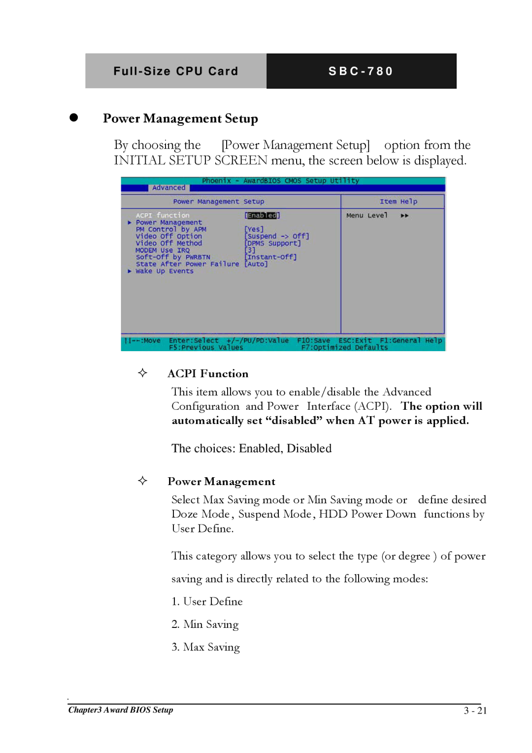 Intel SBC-780 manual  Power Management Setup,  Acpi Function,  Power Management 