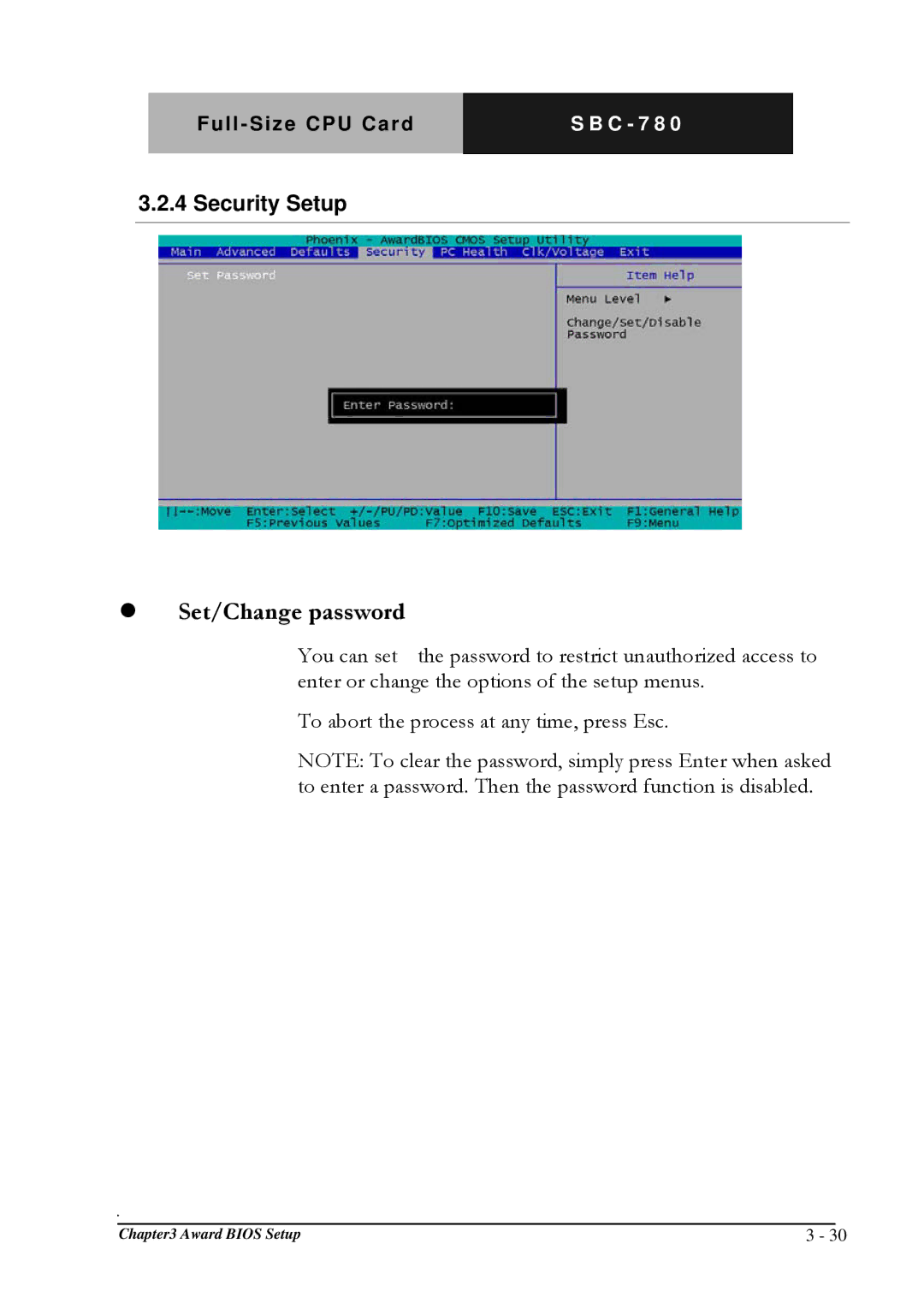 Intel SBC-780 manual  Set/Change password, Security Setup 