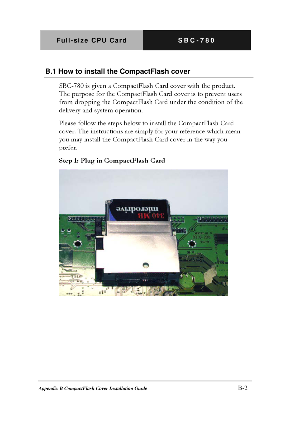 Intel SBC-780 manual How to install the CompactFlash cover, Plug in CompactFlash Card 