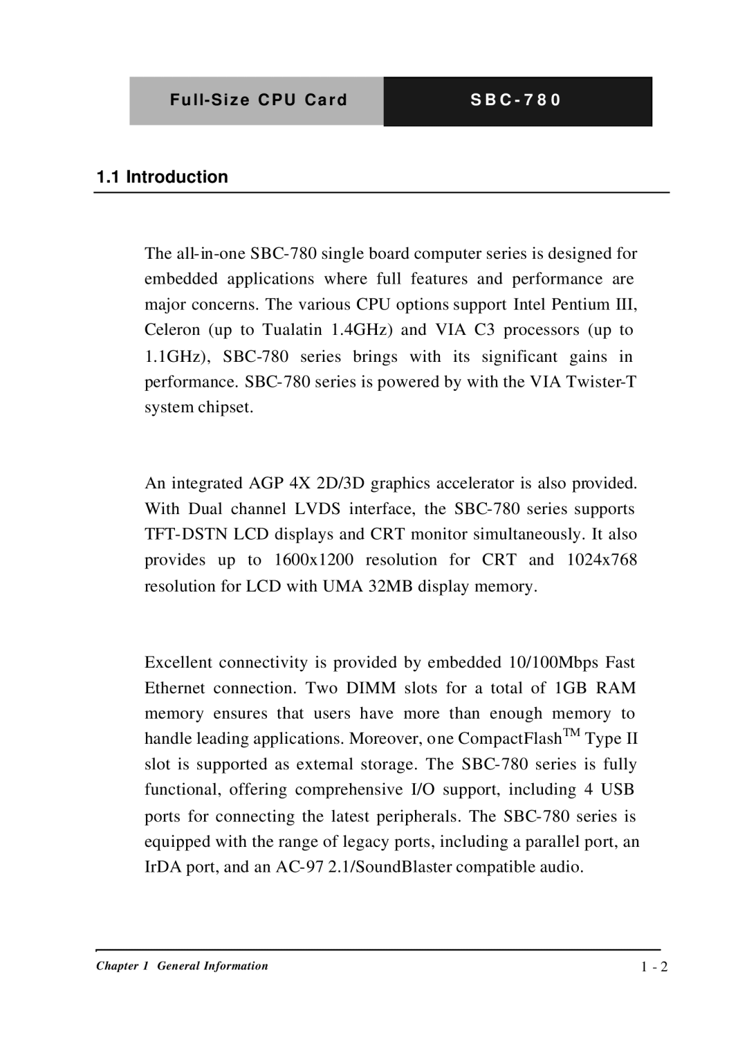 Intel SBC-780 manual Introduction 