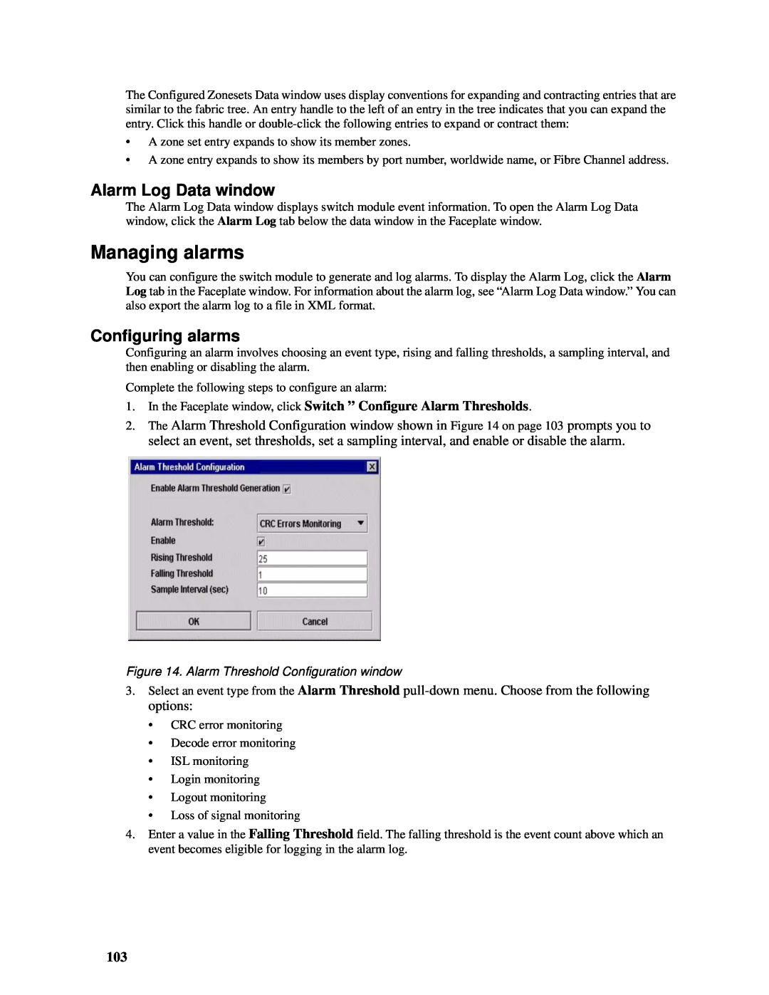Intel SBCEFCSW manual Managing alarms, Alarm Log Data window, Configuring alarms 