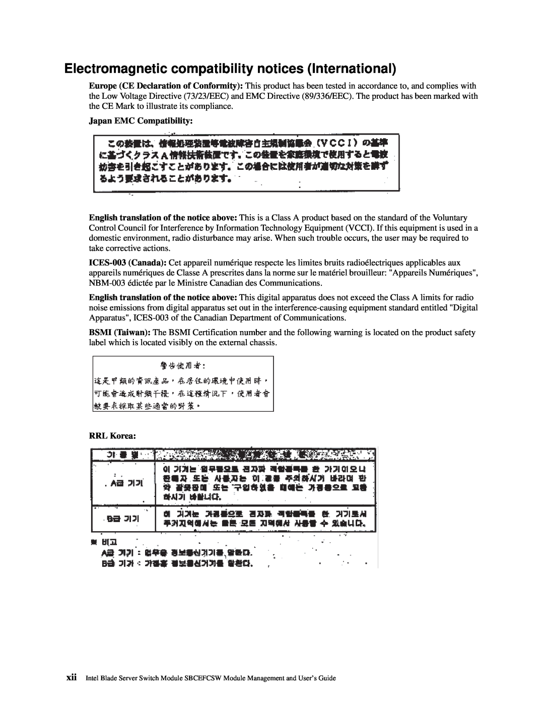 Intel SBCEFCSW manual Japan EMC Compatibility, RRL Korea 