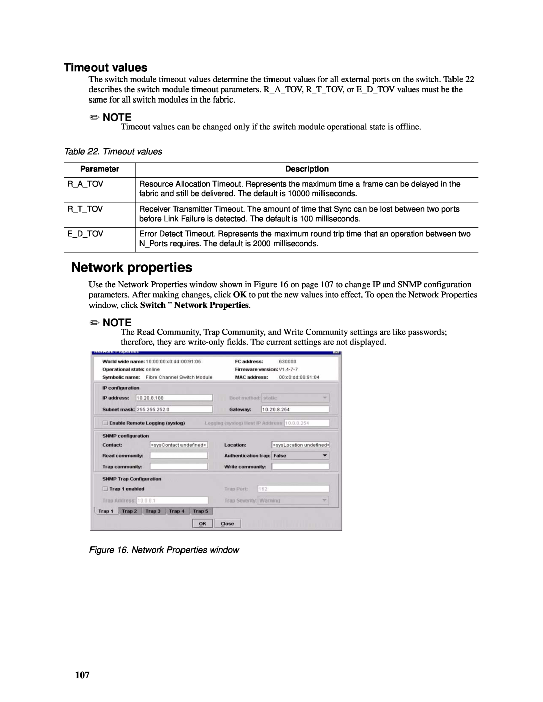 Intel SBCEFCSW manual Network properties, Timeout values, Network Properties window 