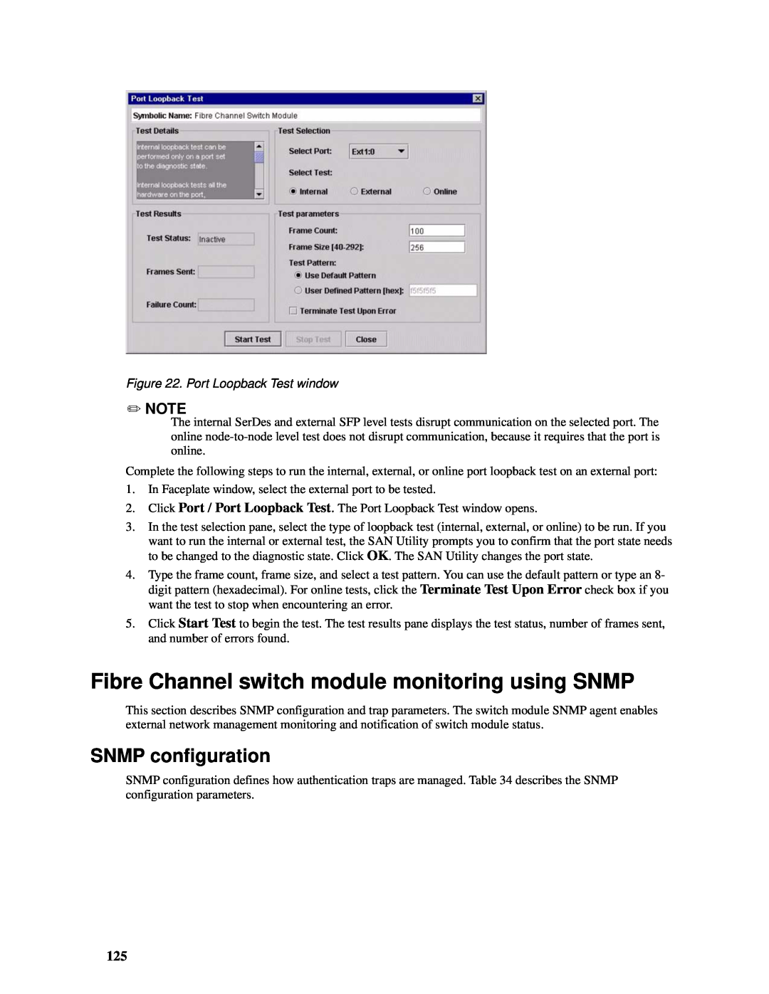 Intel SBCEFCSW manual Fibre Channel switch module monitoring using SNMP, SNMP configuration, Port Loopback Test window 