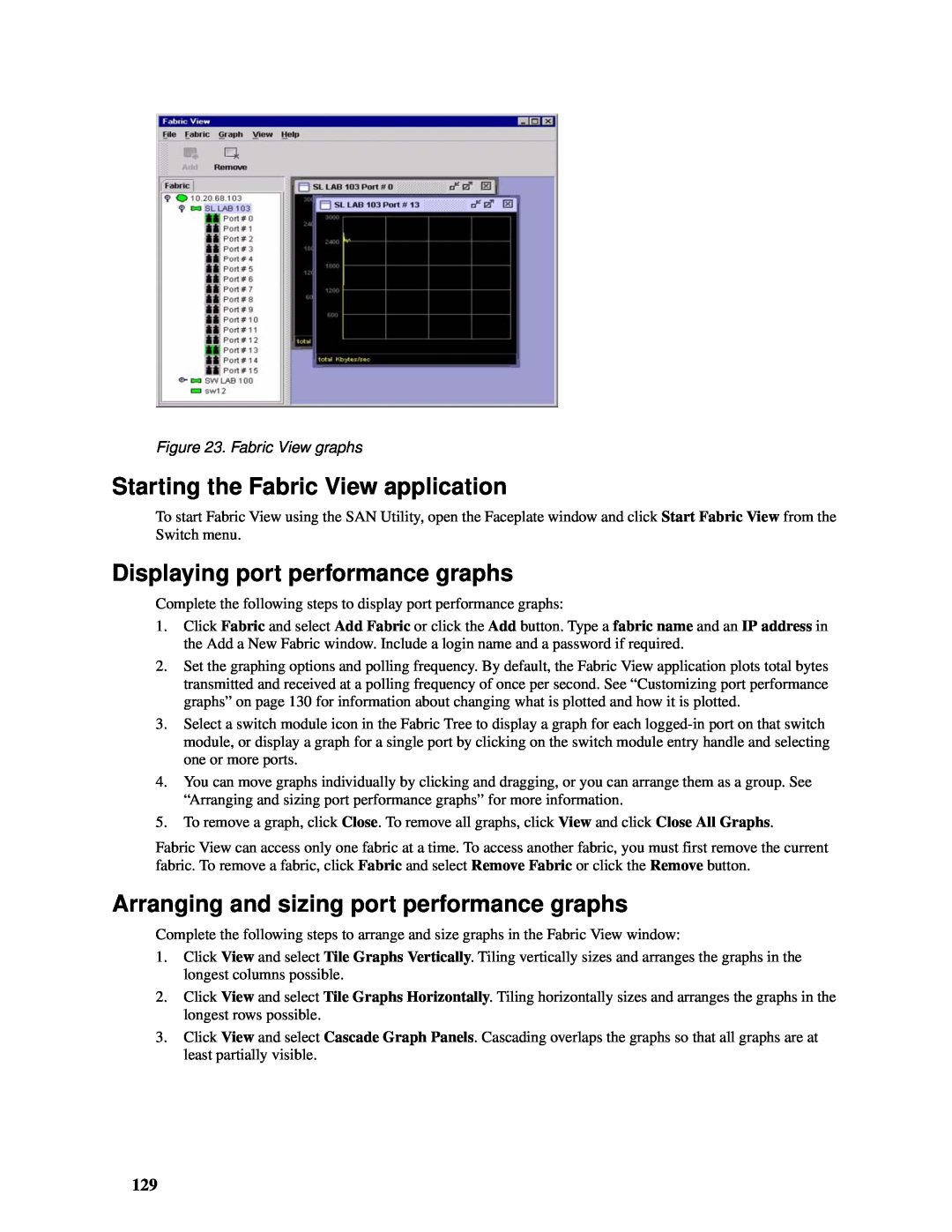 Intel SBCEFCSW manual Starting the Fabric View application, Displaying port performance graphs, Fabric View graphs 
