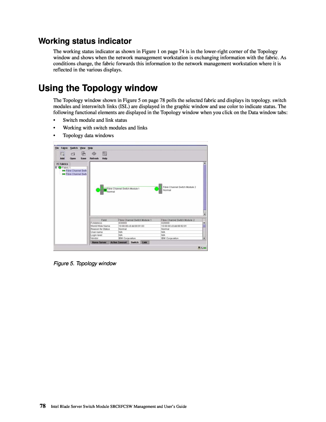 Intel SBCEFCSW manual Using the Topology window, Working status indicator 