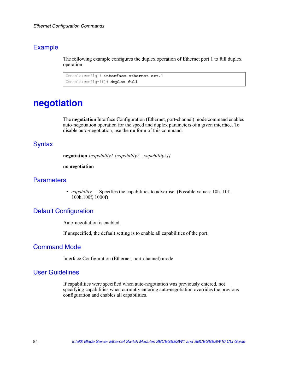 Intel SBCEGBESW10 CLI manual Negotiation, No negotiation, Consoleconfig# interface ethernet ext.1 