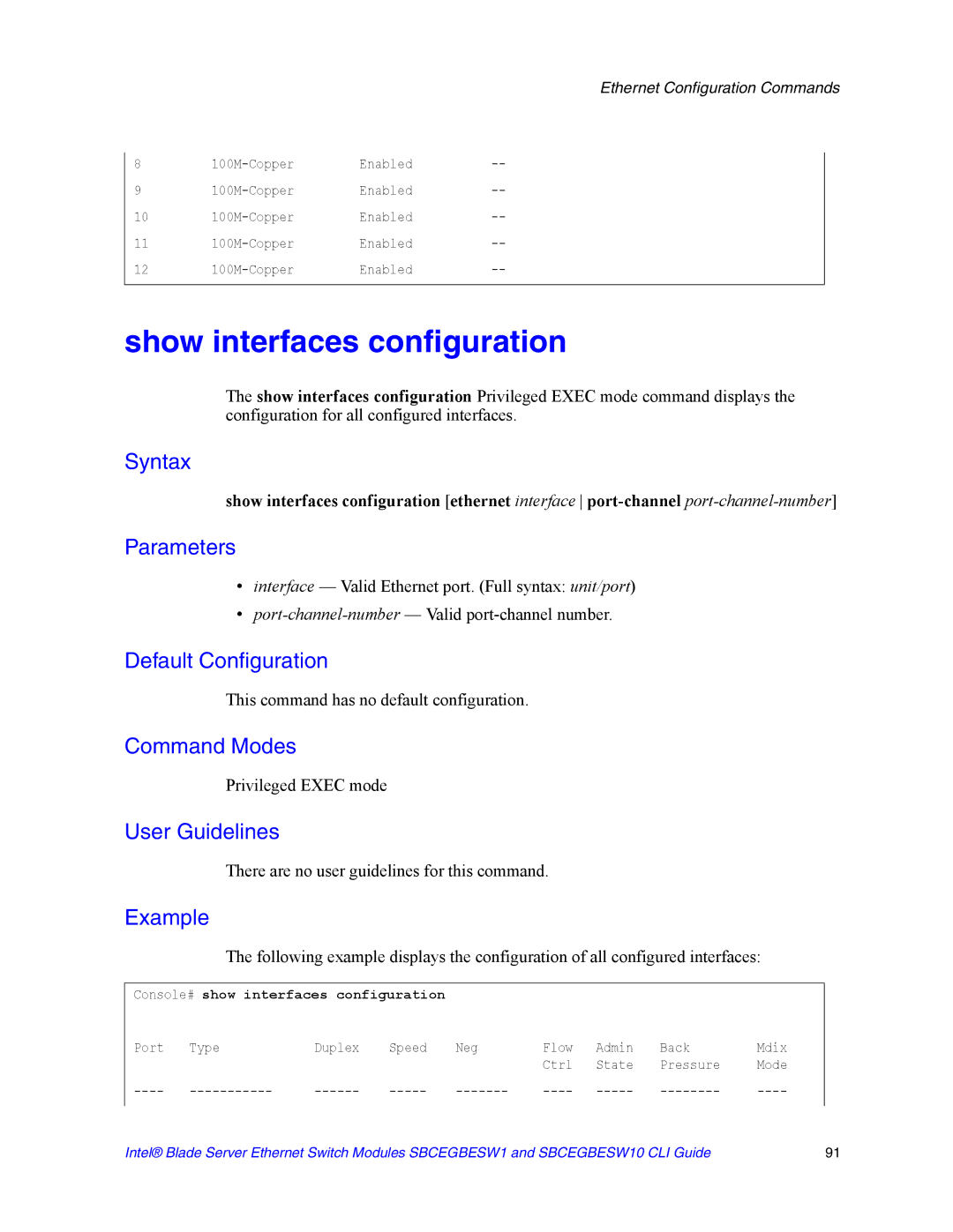 Intel SBCEGBESW10 CLI manual Show interfaces configuration, Console# show interfaces configuration 