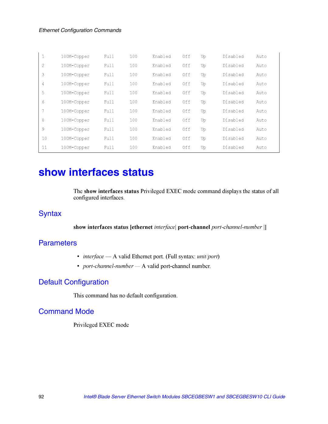 Intel SBCEGBESW10 CLI manual Show interfaces status 