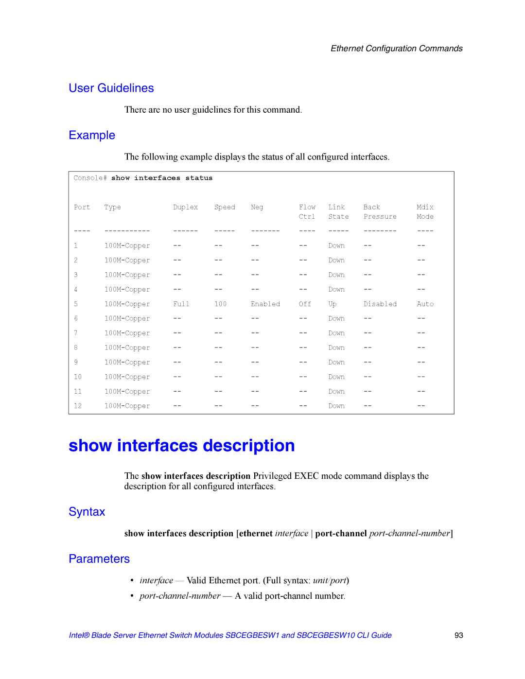 Intel SBCEGBESW10 CLI manual Show interfaces description 