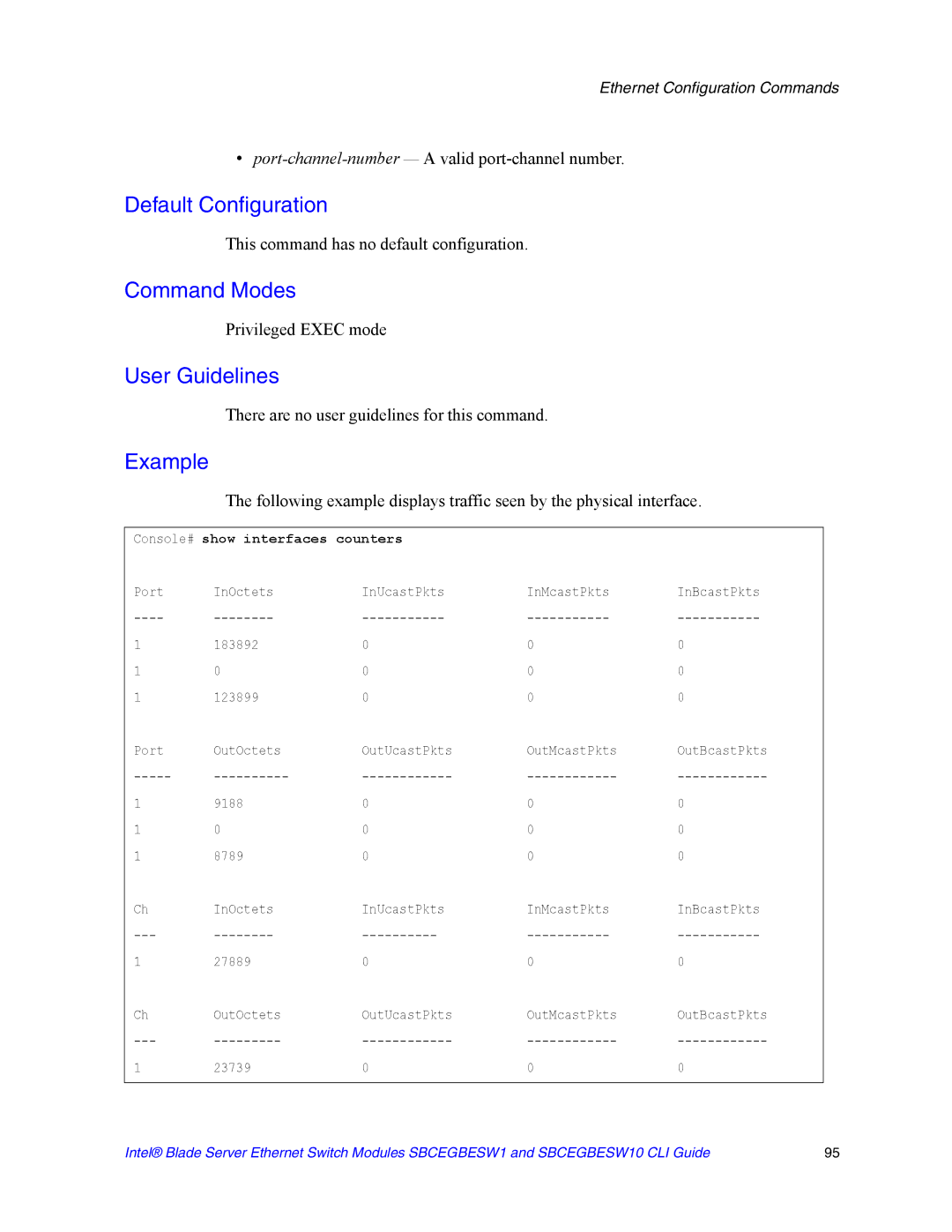 Intel SBCEGBESW10 CLI manual Port-channel-number a valid port-channel number, Console# show interfaces counters 