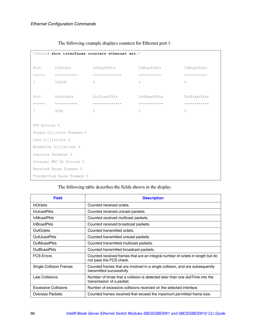 Intel SBCEGBESW1 Following example displays counters for Ethernet port, Console# show interfaces counters ethernet ext.1 