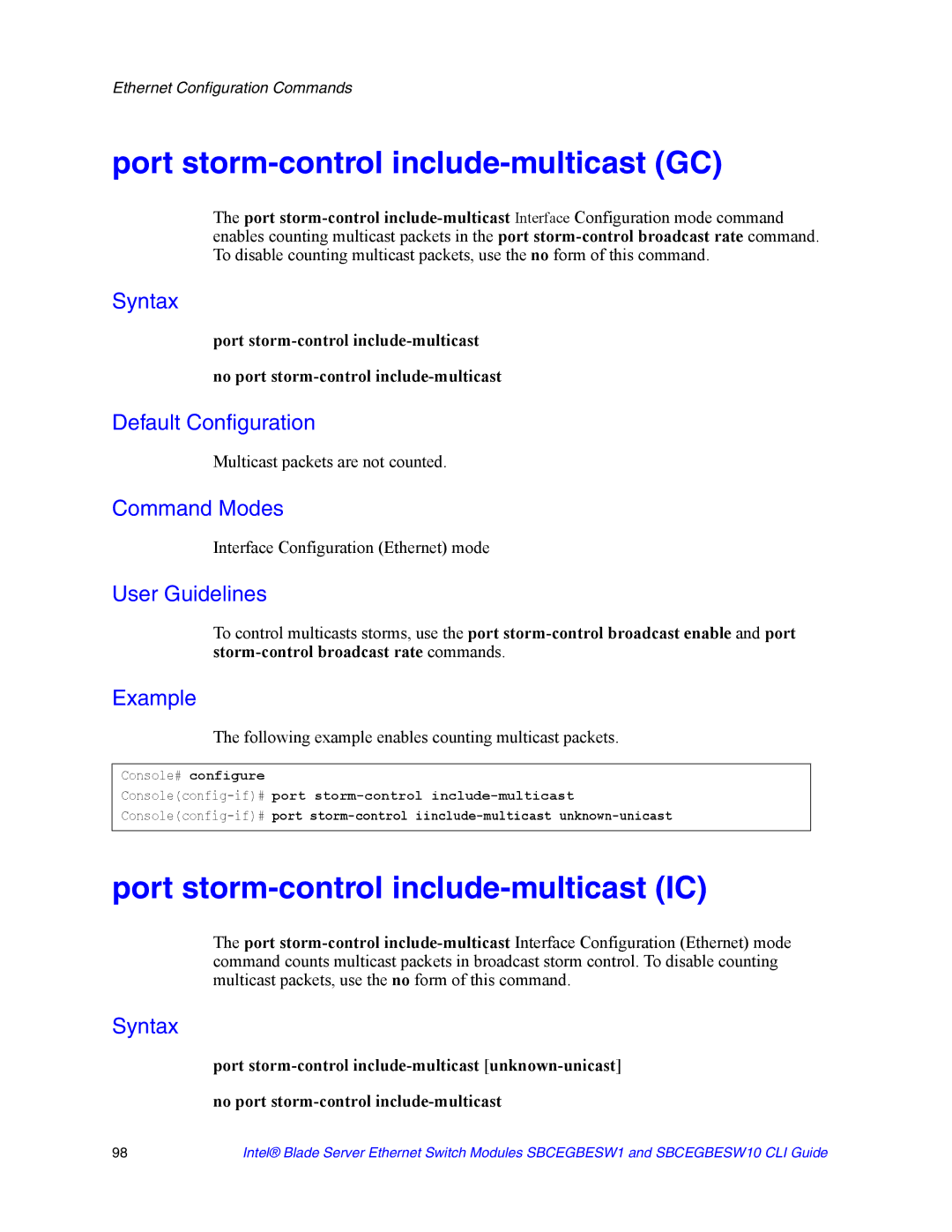 Intel SBCEGBESW10 CLI manual Port storm-control include-multicast GC, Port storm-control include-multicast IC 