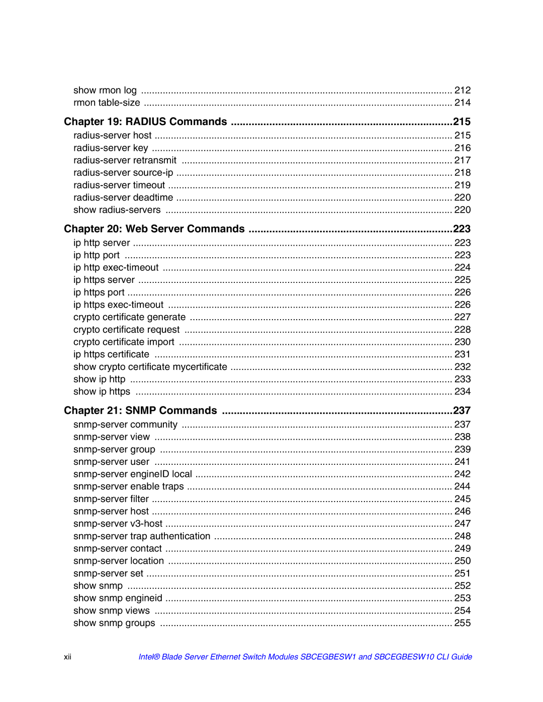 Intel SBCEGBESW10 CLI manual Radius Commands 215 