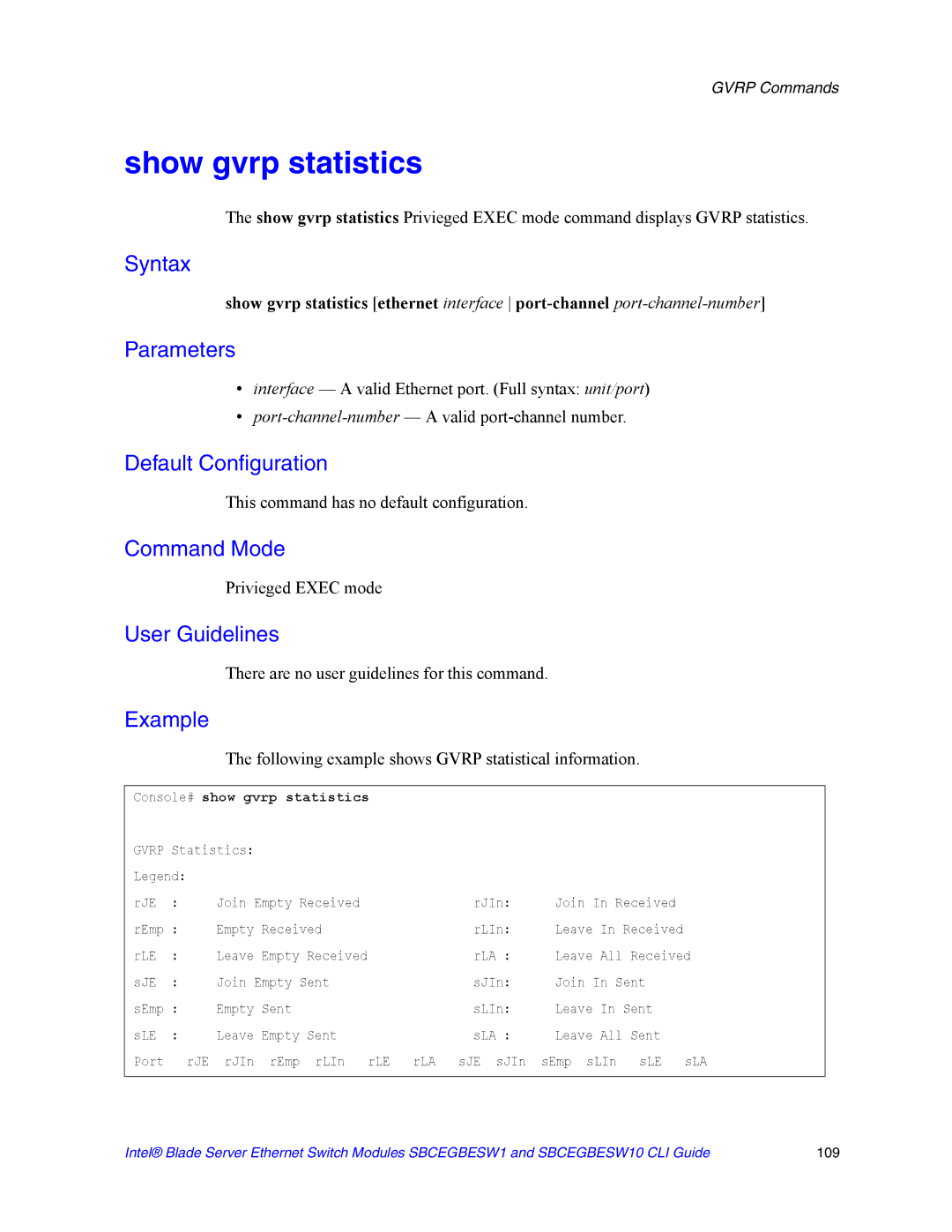 Intel SBCEGBESW10 CLI manual Show gvrp statistics, Following example shows Gvrp statistical information 