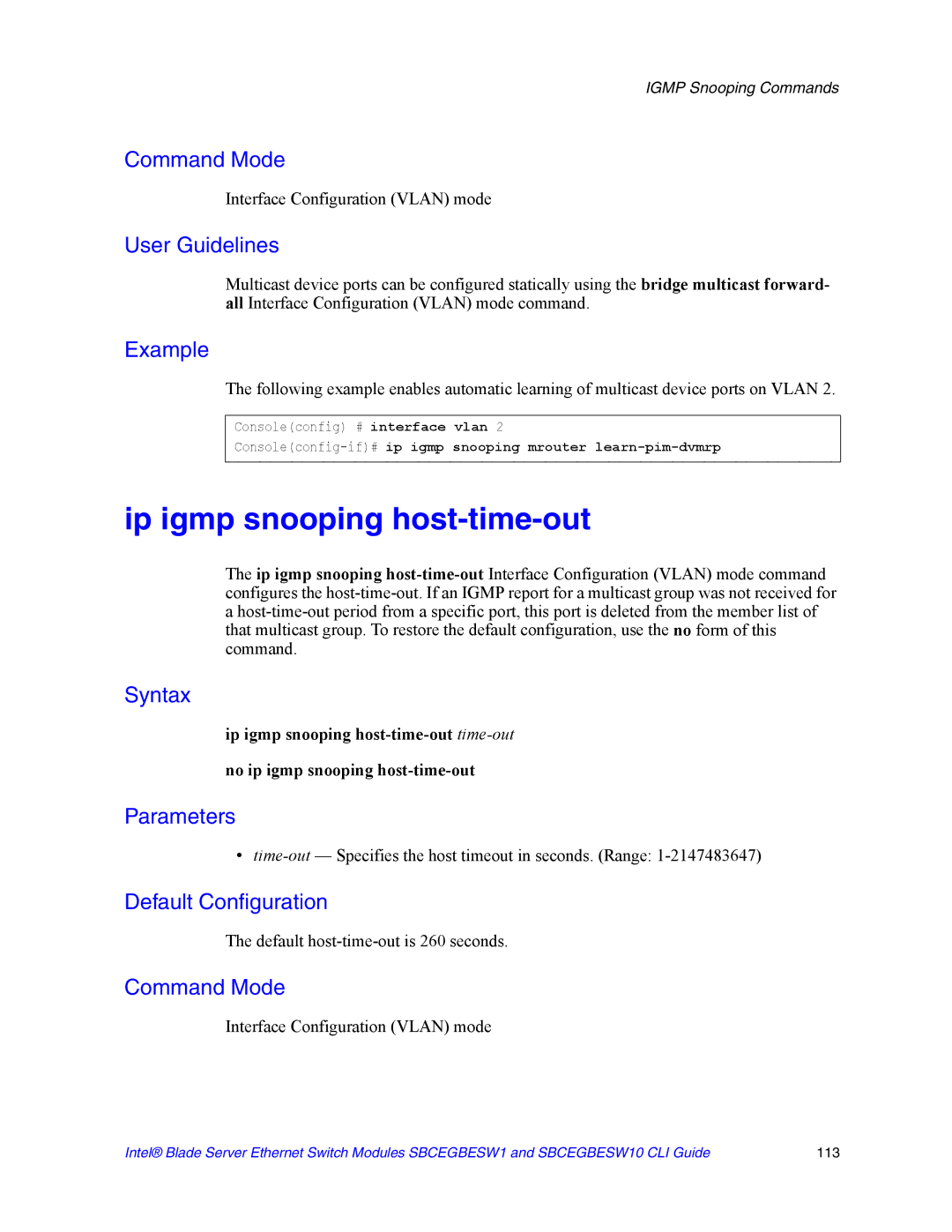 Intel SBCEGBESW10 CLI manual Ip igmp snooping host-time-out, Time-out- Specifies the host timeout in seconds. Range 