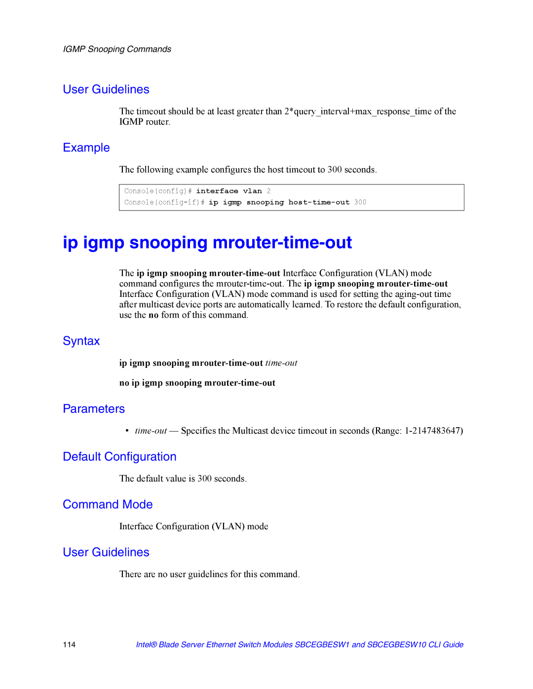 Intel SBCEGBESW10 CLI manual Ip igmp snooping mrouter-time-out, Default value is 300 seconds 