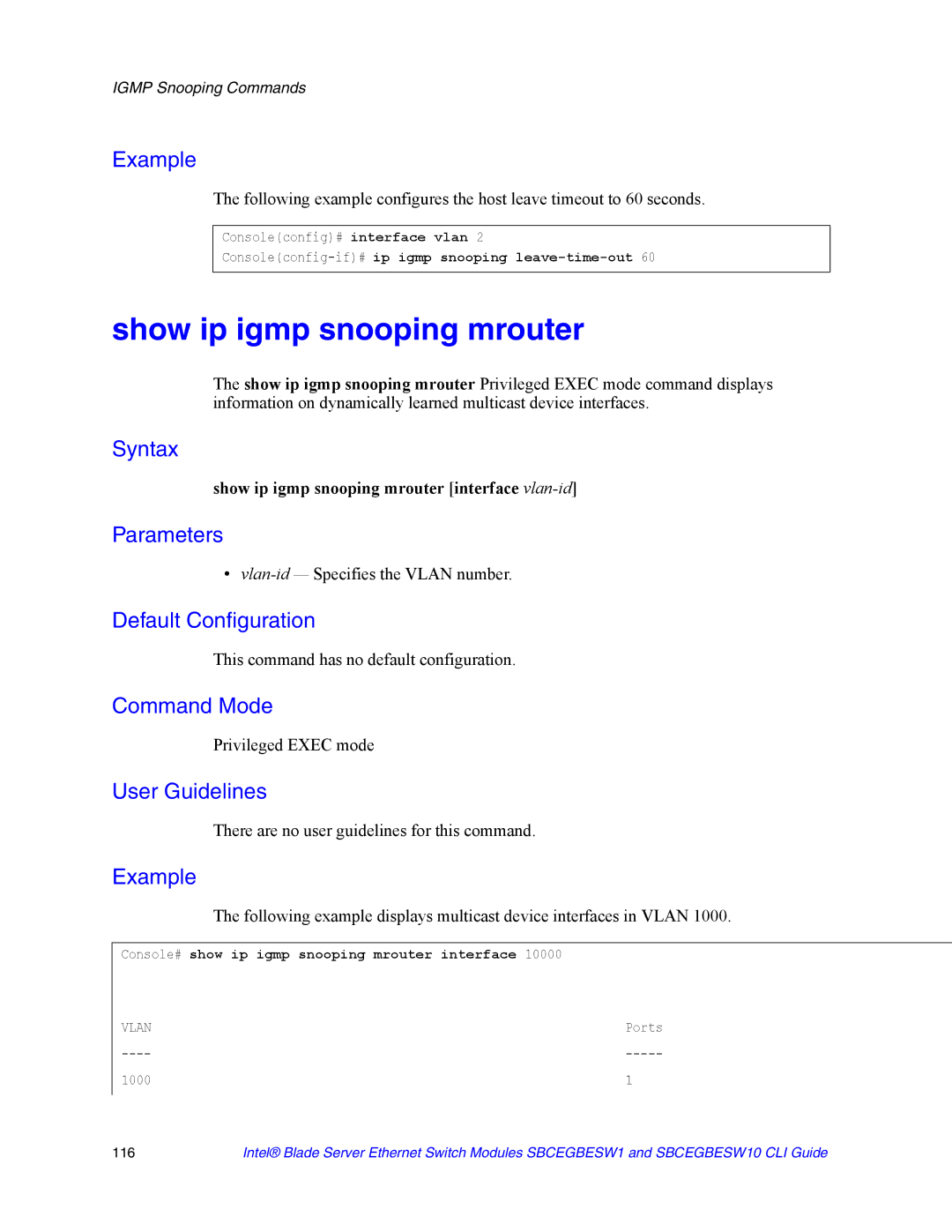 Intel SBCEGBESW10 CLI manual Show ip igmp snooping mrouter interface vlan-id, Vlan-id Specifies the Vlan number 