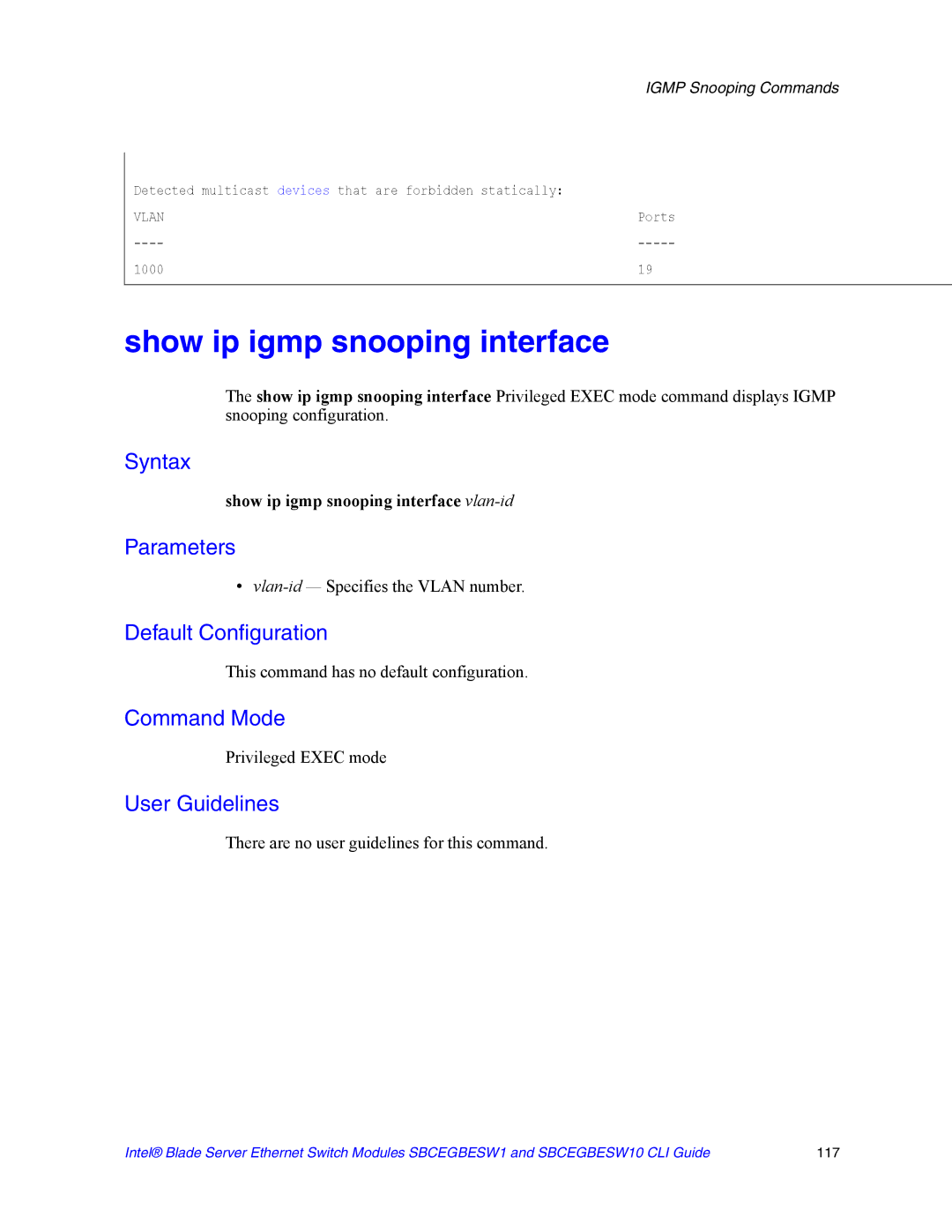 Intel SBCEGBESW10 CLI manual Show ip igmp snooping interface vlan-id 