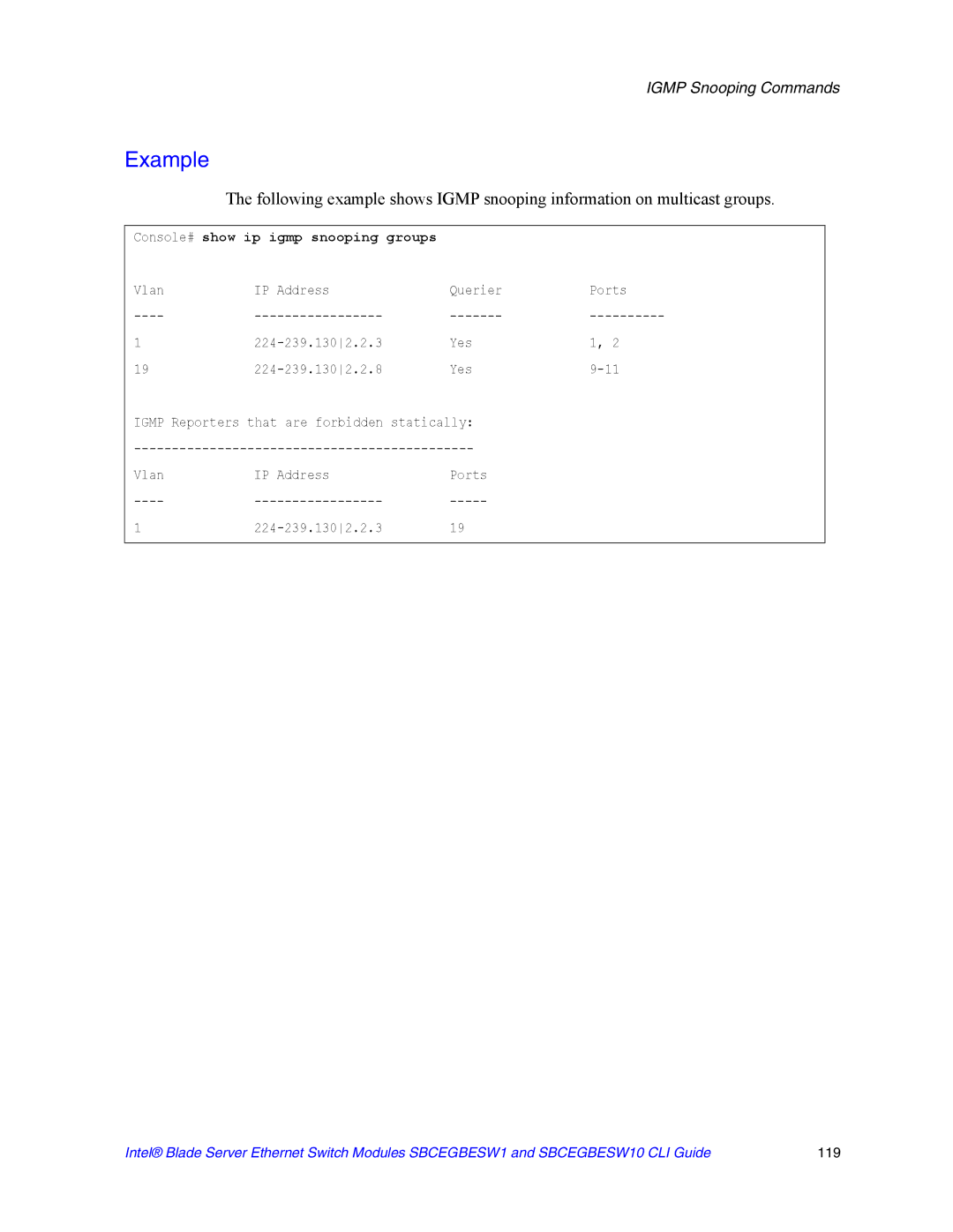 Intel SBCEGBESW10 CLI manual Console# show ip igmp snooping groups 