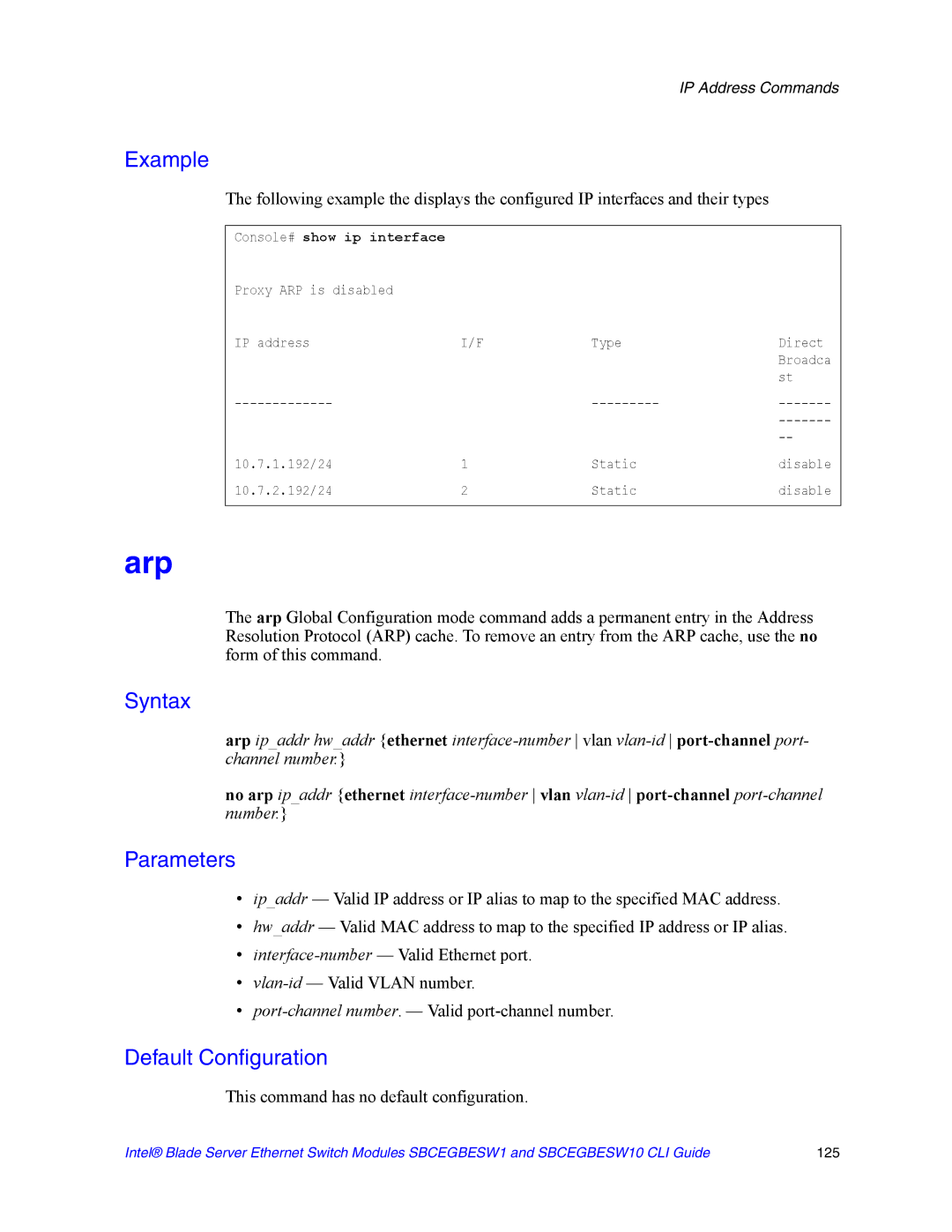 Intel SBCEGBESW10 CLI manual Arp, Console# show ip interface 