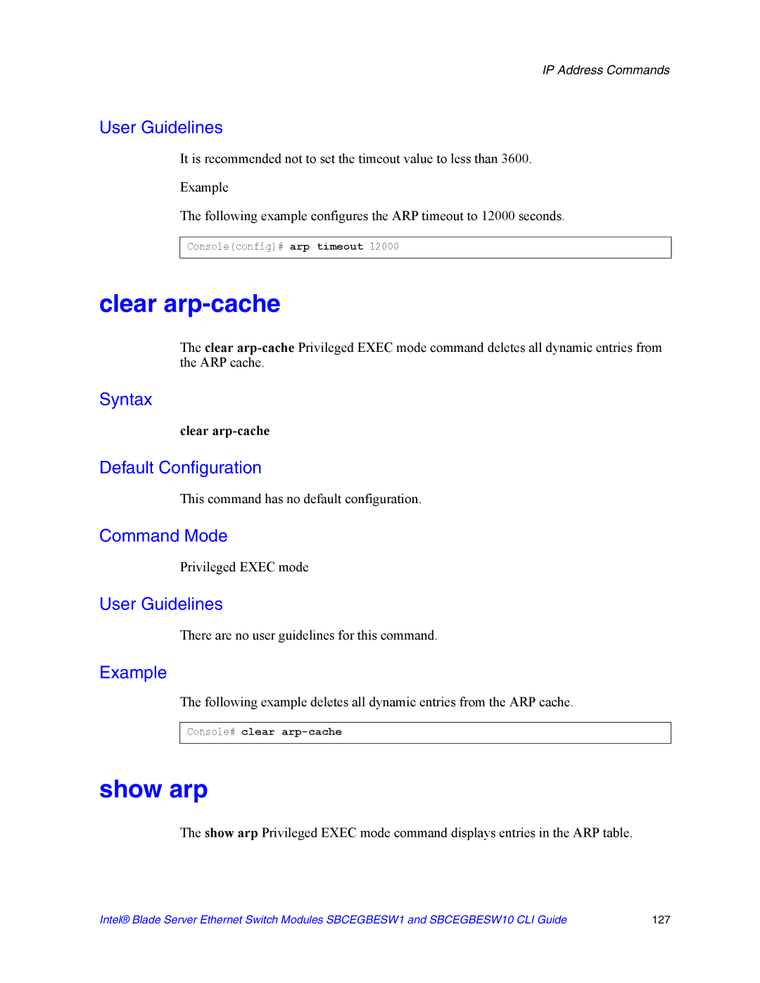 Intel SBCEGBESW10 CLI manual Clear arp-cache, Show arp, Console# clear arp-cache 