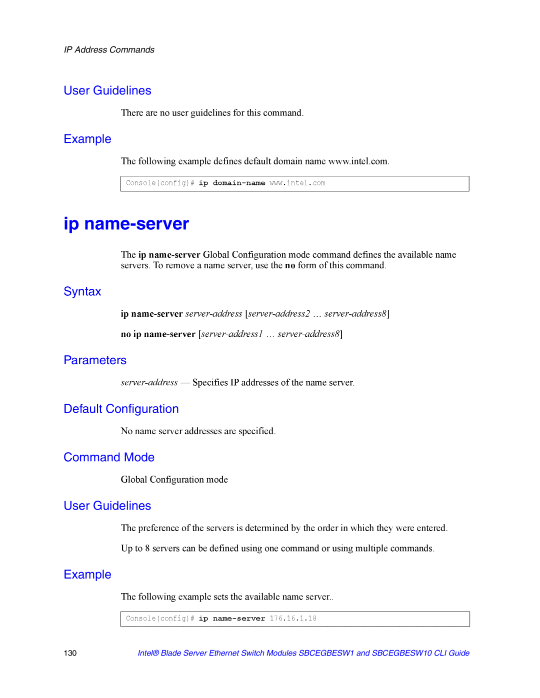 Intel SBCEGBESW10 CLI manual Ip name-server, Server-address- Specifies IP addresses of the name server 