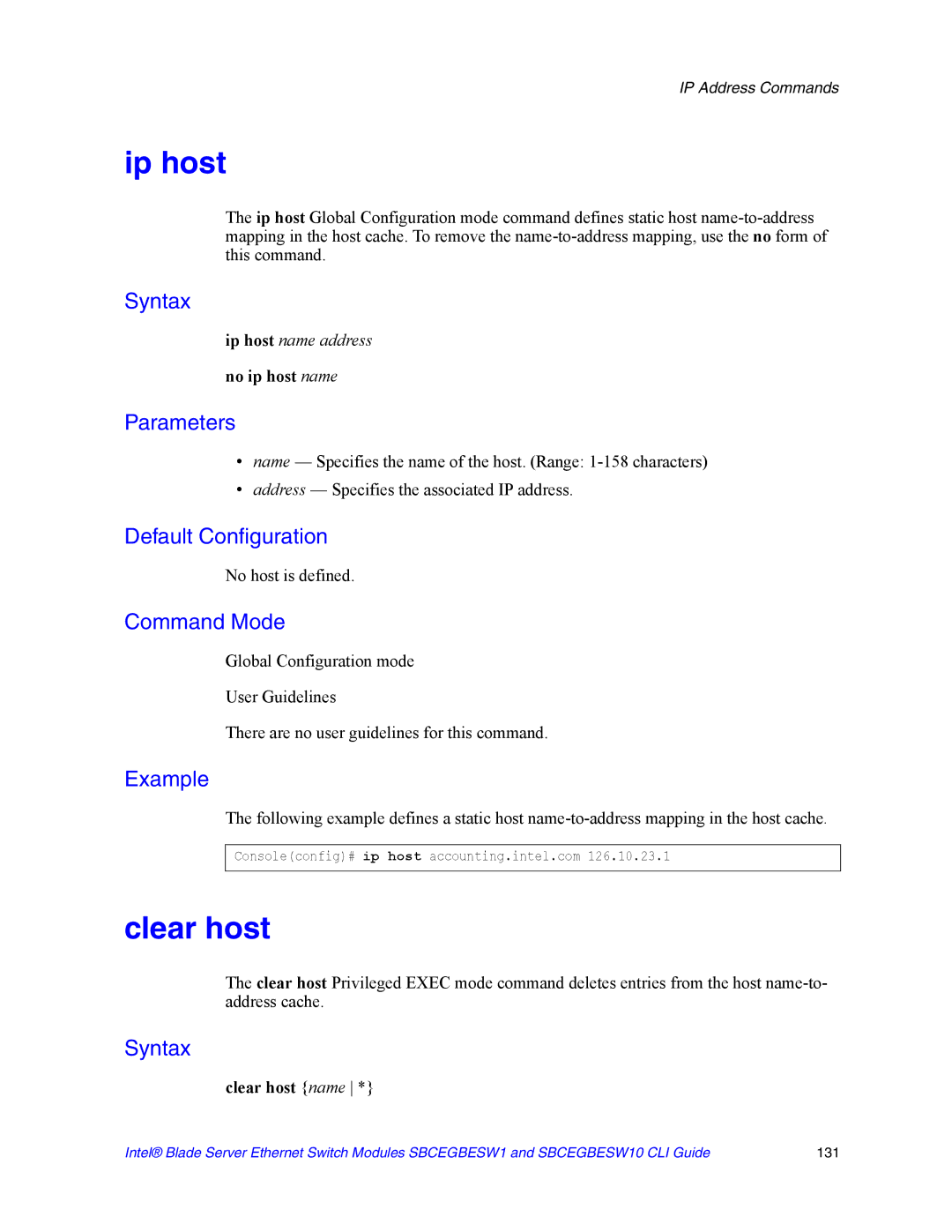 Intel SBCEGBESW10 CLI manual Ip host, No ip host name, No host is defined, Clear host name 