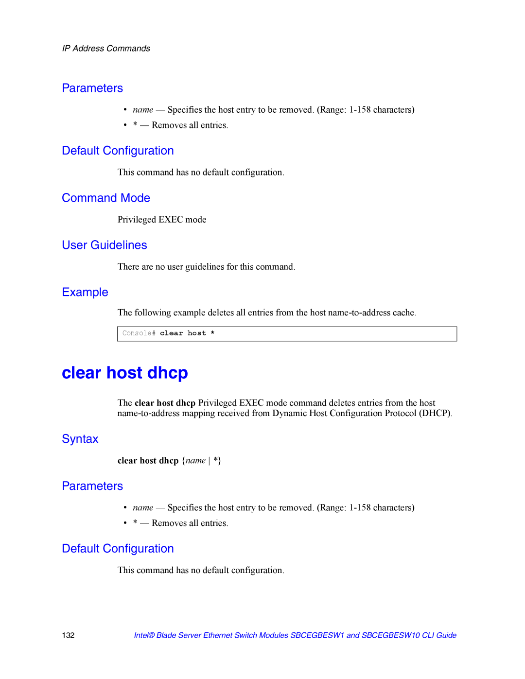 Intel SBCEGBESW10 CLI manual Clear host dhcp name, Console# clear host 