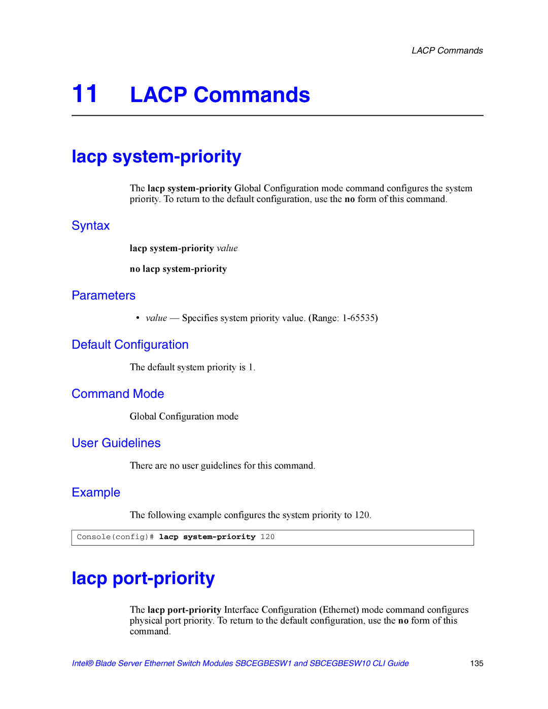 Intel SBCEGBESW10 CLI manual Lacp Commands, Lacp system-priority, Lacp port-priority 