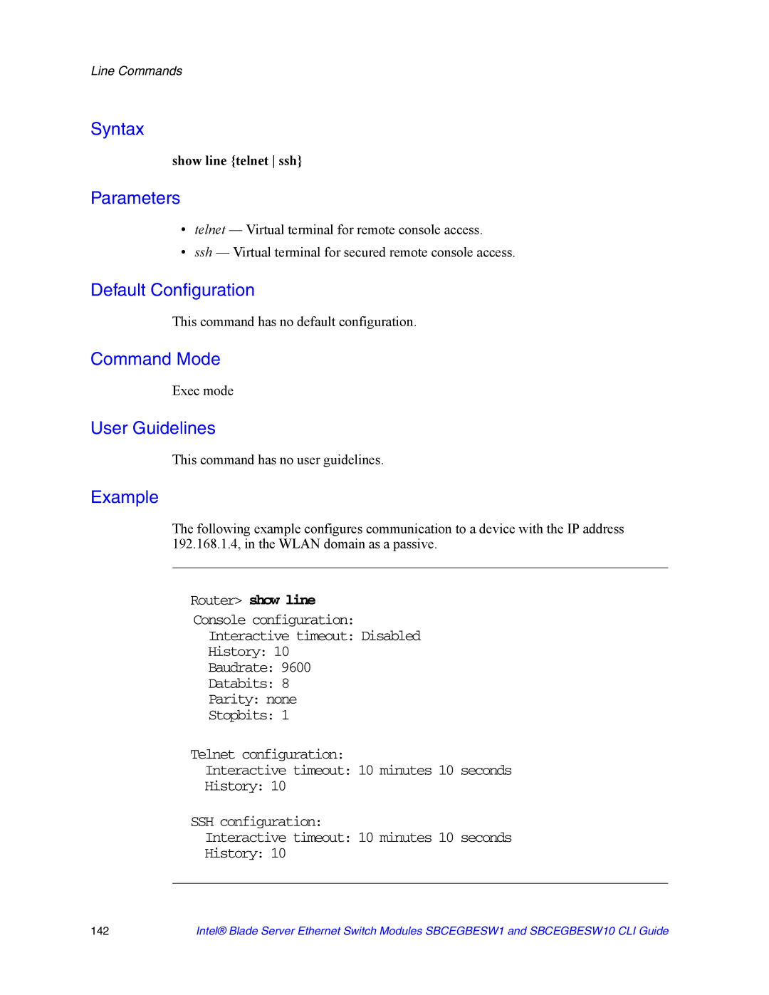 Intel SBCEGBESW10 CLI manual Show line telnet ssh, Exec mode 