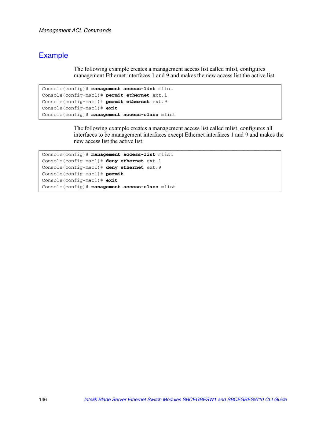 Intel SBCEGBESW1 manual Consoleconfig# management access-list mlist, Consoleconfig# management access-class mlist 