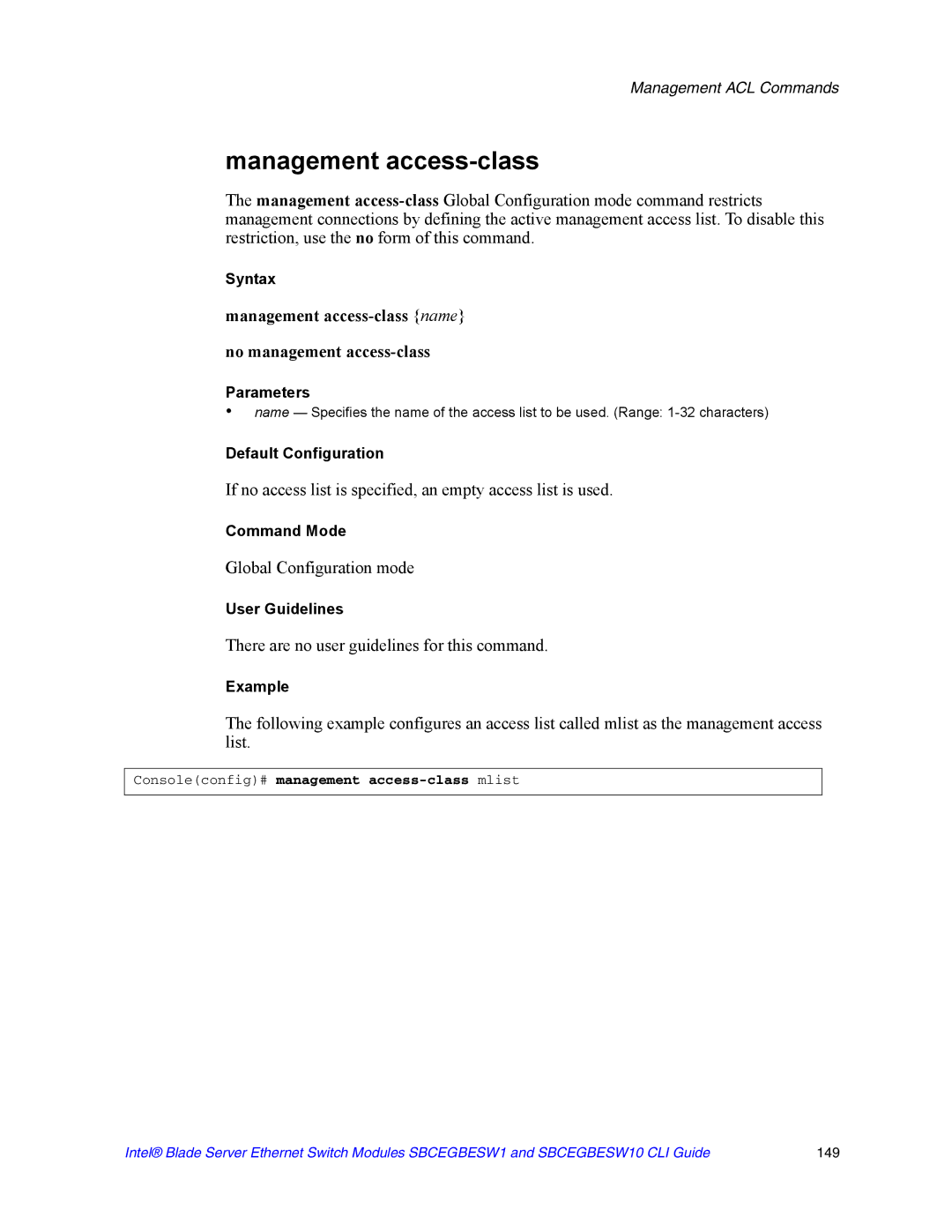 Intel SBCEGBESW10 CLI manual Management access-class 